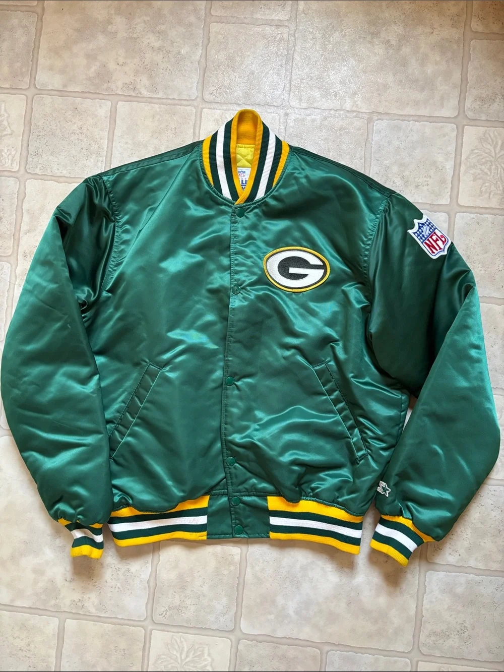 Vintage Starter NFL Green Bay Packers Satin Bomber Jacket Mens L Quilted USA